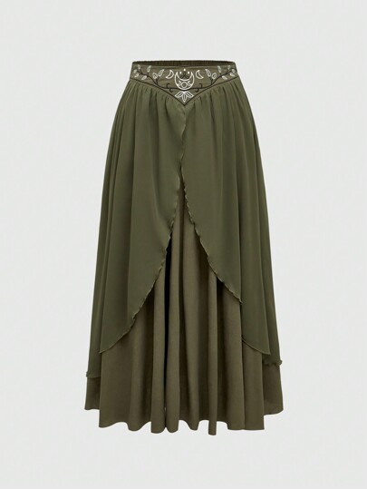 Fairycore Plus Size Women Floral Embroidery Ruffle Hem Prairie Skirt