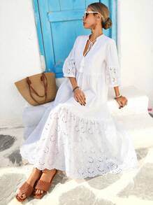 Vivid Eden Damen V-Ausschnitt Fransen-Seil Patchwork Stickerei strukturierter Stoff A-Linie Urlaubskleid