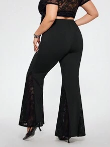 SHEIN ICON Plus Size Black Lace Patchwork Flare Leg Pants, Punk Style - Black - View 2