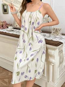 CottageSlumber Romantic Countryside Tulips Design Contrast Color Sleeveless Women Nightgown - White - View 5