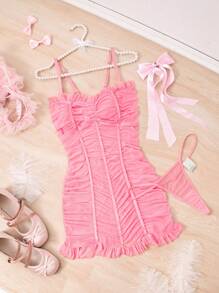 2pcs/Set Cute & Sexy Ladies Sheer Ruffle Lace Trim Vest & Panty Lingerie Set, Pink