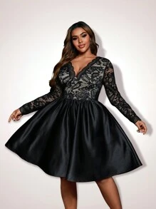 SHEIN Belle Plus Size Women V-Neck Lace Long Sleeve A-Line Back To School Party Dress - Black - View 5