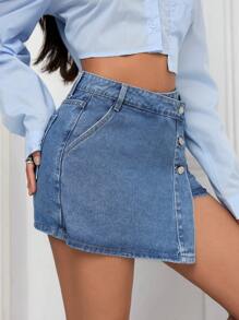 SHEIN PETITE Women Button Front Pocket Asymmetric Hem Denim Skorts - Medium Wash - View 4