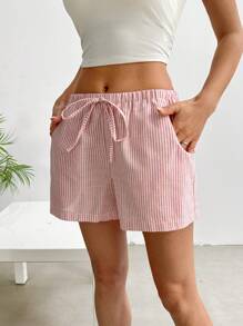 SHEIN EZwear 女士休闲条纹短裤，简约时尚，适合日常穿着 - 粉色 - 查看 4