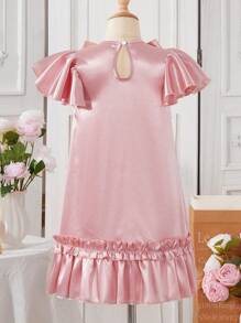 SHEIN Young Girl Elegant Color Blocking Pleat Beaded Bow Decor Dress
