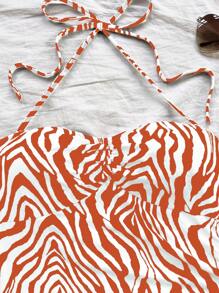 Soleia Women's Vacation Red & White Zebra Print Asymmetric Hem Halter Bowknot Bodycon Dress, Cute & Fashionable Outfit, Suitable For Autumn/Winter