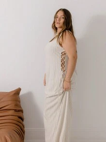 Aralina Curve Summer Vacation Beach Linen Stripe Maxi Dress With Lace Up - Blue - View 6