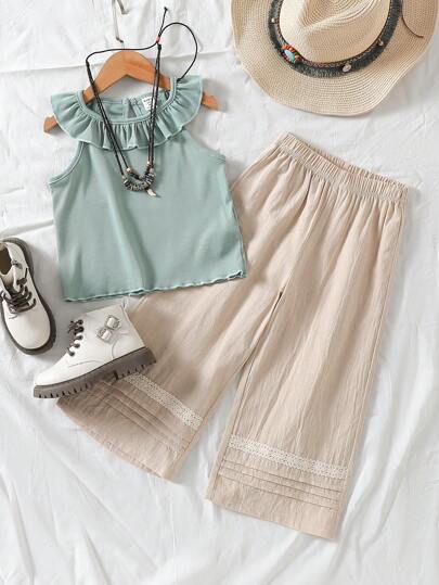 SHEIN Young Girls 2pcs Sets, Spring And Summer "Wildeya" New Style, Casual Ruffled Collar Top In Sage Green And Matching Apricot Pants, Suitable For Outdoor Activities And Daily Wear