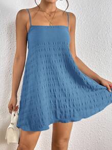 SHEIN VCAY 女士纯色褶皱宽松休闲无袖连衣裙 - 霧霾藍 - 查看 3