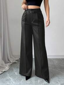 Chiquease بنطلون جديد لفصل الربيع المبكر عملي متعدد الاستخدامات ذو قصة مستقيمة وخصر عالي مع حلقات للحزام وحزام جلدي، ذو تصميم بسيط وأنيق وفتحة رجل واسعة مناسبة للنساء، بنطلون نسائي واسع الساق للعمل