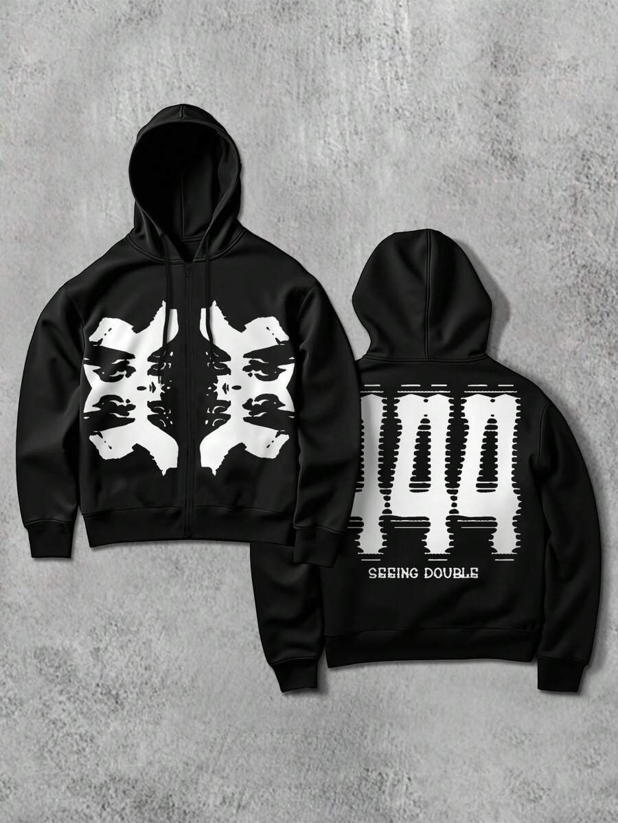 Manfinity EMRG Men's Graphic Print Zip Front Drawstring Hoodie Sweatshirt, Casual Autumn/Winter - Black - View 1