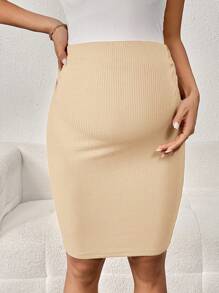 SHEIN Solid Beige Maternity Pencil Skirt- Comfortable And Stretchy Ribbed Knit Skirt For Everyday Wear