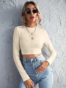 Firerie Women Solid Crew Neck Long Sleeve Cut-Out Back T-Shirt