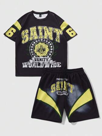 Prep Men's Jersey Casual Letter Print Short Sleeve T-Shirt & Shorts Outfit