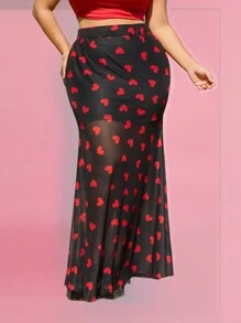 SHEIN EZwear Plus Size Valentine's Day Heart Mesh Sheer Skirt - Multicolor - View 1
