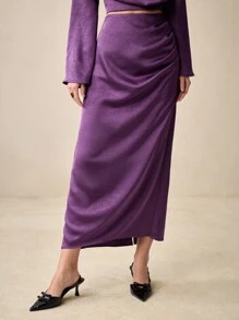 BizChic Chân váy dài xếp ly thanh lịch màu trơn cho nữ - Màu tím - Xem 6
