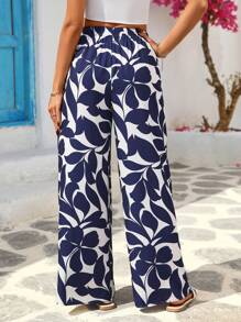 Vivid Eden 女式弹性腰部休闲印花宽松阔腿裤度假 - 藍白色 - 查看 2