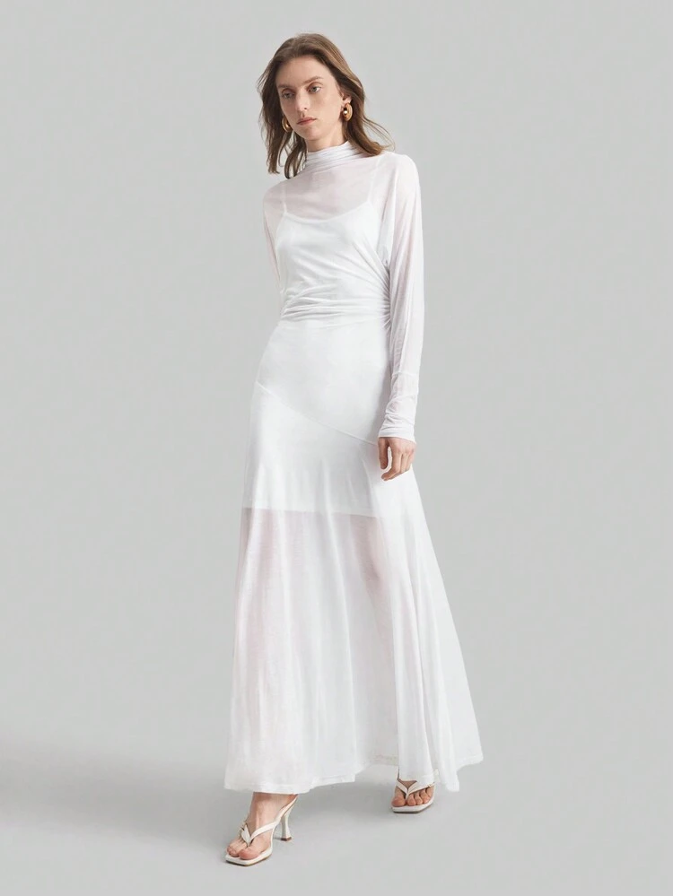 1pc Women Semi-Sheer Viscose Knit A-Line Dress, Elastic & Comfortable, Elegant For Daily Wear, Bridesmaid Dress