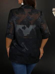 SHEIN LUNE Plus Size Casual Solid Color Jacquard Short Sleeve Blazer Graduation,Back To School,Teacher Outfits For Women - Black - View 2