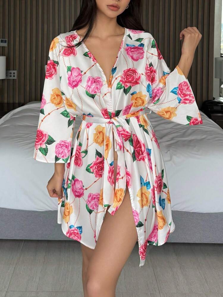 Vacation Style V-Neck Short Women Robe Pajama
