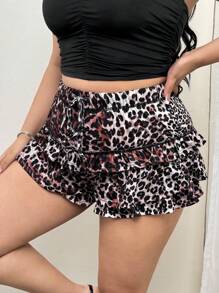 SHEIN ICON Short grande taille à volants multicouches avec imprimé léopard, pour l'été - Multicolore - Voir 3