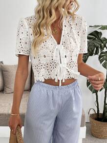 Pariaura Ladies Lace Hollow Embroidered Short Sleeve Blouse, Elegant And Charming - White - View 3