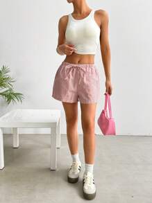 SHEIN EZwear 女士休闲条纹短裤，简约时尚，适合日常穿着 - 粉色 - 查看 6