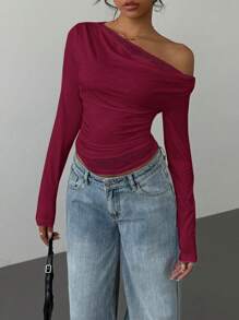 SHEIN Essnce Camiseta de mujer de manga larga con cuello de cowl asimétrico y encaje, unicolor otoñal, camiseta de encaje de manga larga para mujer, casual, para vacaciones, Año Nuevo, estilo Y2K