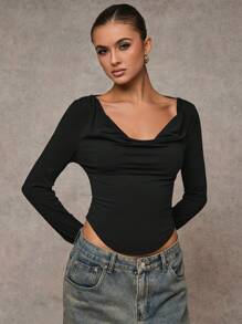 SHEIN BAE Women's Fashionable Sexy Solid Color Plunge Neck Backless T-Shirt