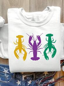 SHEIN LUNE Carnival Crawfish Print Loose Casual Sweatshirt, Women Round Neck Long Sleeve Pullover Fall - White - View 1