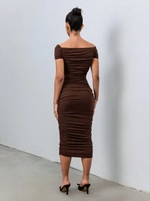 Chiquease Women's Hollow Out Ruched Twist Design Bodycon Elegant Maxi Dress - Brown - View 2