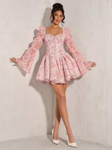 SHEIN BAE Váy công chúa bồng bềnh cổ vuông họa tiết hoa nhỏ xinh xắn dành cho nữ, thích hợp cho những buổi hẹn hò lãng mạn, đi chơi buổi tối, tiệc tùng, sinh nhật - Hồng - Xem 6