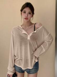 DAZY 女士纯色长袖 T 恤，简约时尚休闲日常穿着 - 咖啡棕 - 查看 4