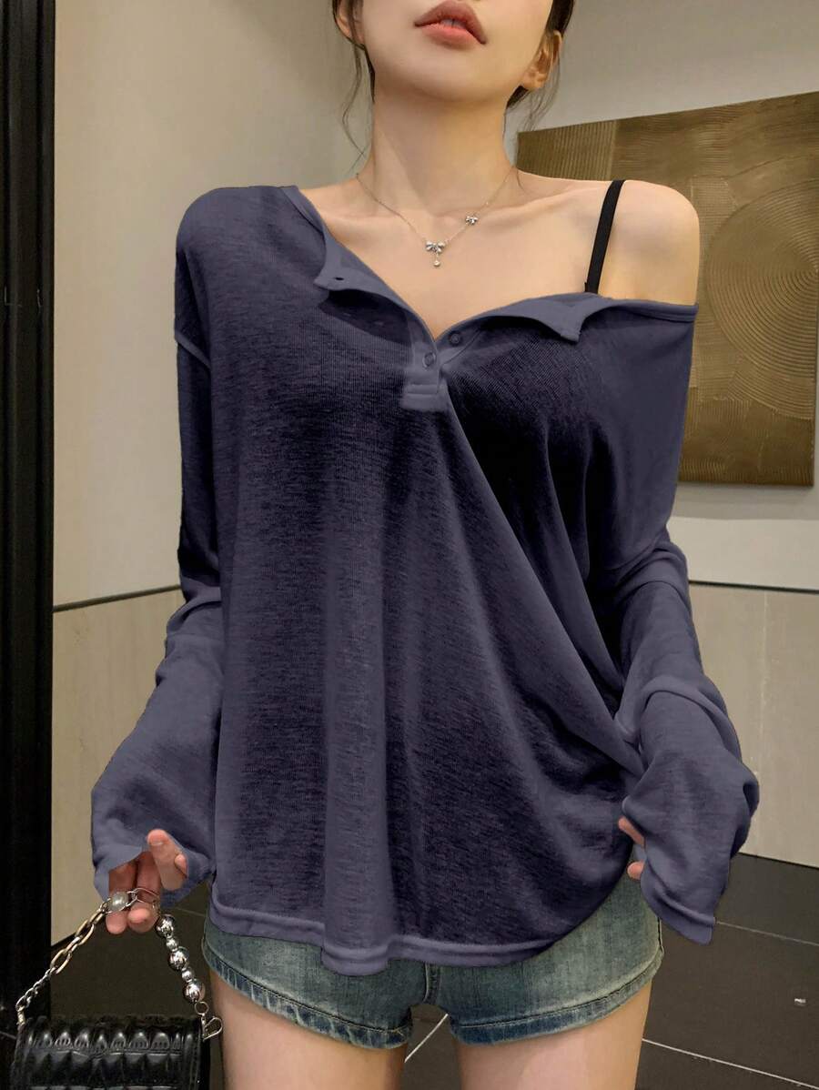 DAZY 女士纯色简约休闲T恤，时尚日常穿着长袖女上衣 - 藏蓝色 - 查看 1