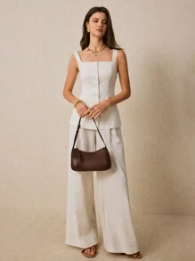 Poéselle Women's Two-Piece White Two-Piece Button-Down Top And Wide-Leg Pants 2pcs Women Elegant Commuter Solid Color Front Button Camisole & Wide Leg Pants Set Linen Vest Set Women Two Piece Sets Beach Women Outfits Summer Women Outfit Women Clothes Workout Women Sets Summer Clothes Summer Women Clothes Women Suits White Women Outfits Office Women Outfits Summer Sets Women Linen Pants Western Wear Women Festival Boho Hippie Old Money Bohemian - White - View 3