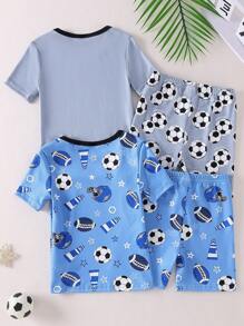 4pcs/Set Pakaian Olahraga Anak Laki-Laki Kasual Keren Motif Sepak Bola Atasan Lengan Pendek dan Celana Pendek Set Pakaian Olahraga - MultiWarna - View 2