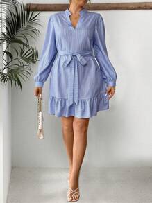 Calvaya Plus Size Women Blue Striped V-Neck Casual Belted Mini Long Sleeve Dress - Blue - View 4