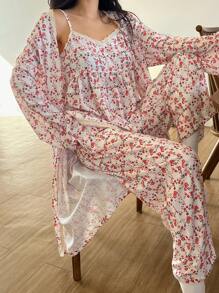 DAZY 3pcs Vacation Ditsy Floral Splice Wrap Robe, Cami Top And Loose Pants Sleepwear Set