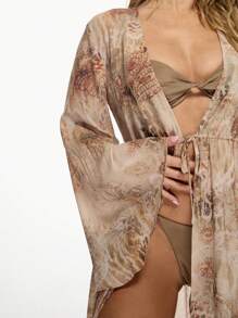 MISSGUIDED Women Floral Chiffon Beach Cover Up Maxi Kimono Long Sleeve Sheer Boho Summer Resort Wear Pool Swim Cover Up Festival Vacation Beachwear