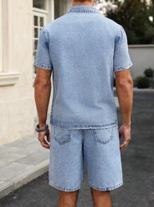 Manfinity Homme 2 件男士短袖单排扣衬衫和牛仔短裤套装