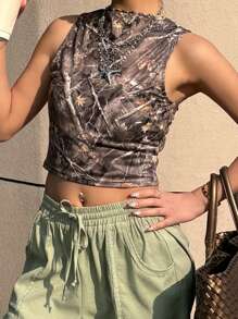 Comfortcana 女式春夏 90 年代时尚 Y2K 时尚街头服饰复古针织树枝图案弹力修身高领无袖短款背心背心 - 彩色 - 查看 3