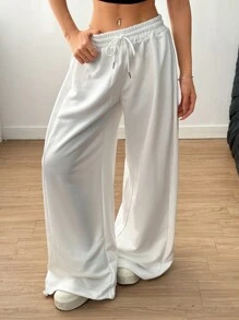 SHEIN EZwear 女士纯色抽绳腰阔腿休闲运动裤 - 白色 - 查看 5