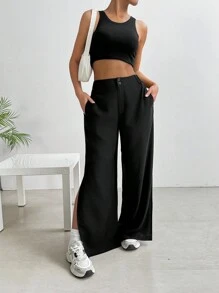 SHEIN EZwear 女士纯色休闲裤，简约时尚，适合日常穿着 - 黑色 - 查看 6