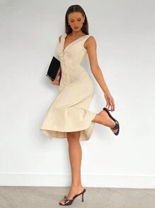 Siren Gaze 女士无袖 V 领低胸前扣 A 字形高腰露背及膝派对俱乐部婚纱 - 杏色 - 查看 10