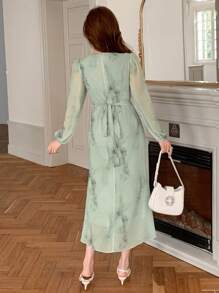 DAZY V-Neck All-Over Floral Print Mid-Calf Casual Dress For Women, Minimalist & Fashionable For Everyday Wear Elegant,Fall Dress Long Sleeve Dress - Green - View 2