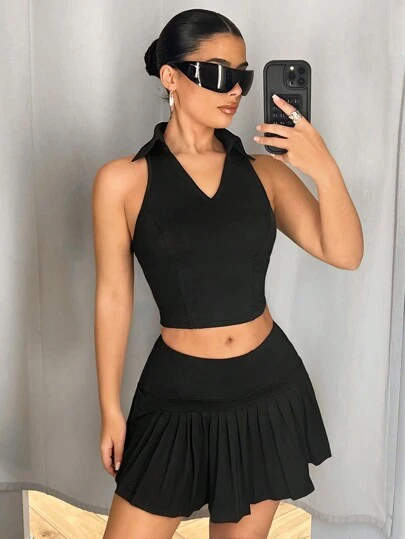 SHEIN ICON 2 件套无袖纯色背心和低腰裙女士春季服装夏季音乐会服装女士复活节圣帕特里克节服装