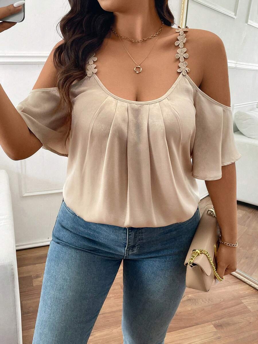 SHEIN Frenchy Plus Size Women's Elegant Simple Ruched Floral Splice Metallic Coating Hollow Shoulder Blouse,Summer Shirts