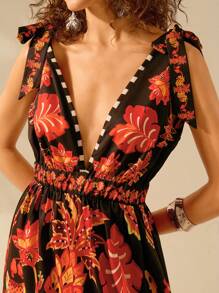 CAJUNI Đầm dài đi biển không tay cổ chữ V sâu cho nữ, họa tiết báo nhiệt đới Boho, quả dứa, họa tiết chim tucan, mùa hè - màu đen - Xem 7