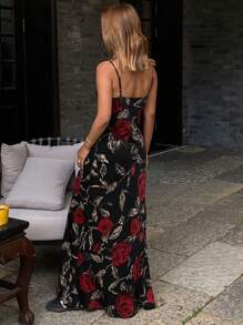 DAZY 女士盛开的花卉玫瑰印花吊带裙，夏季假日度假长裙巡航女士服装太阳裙 - 黑色 - 查看 2