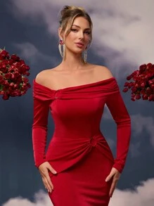 Glamrae Elegante y lujoso vestido largo tipo sirena con mangas largas elásticas de punto fruncido y contraste de color metálico, vestido ideal para invitadas de boda, apto para bodas, fiestas, vacaciones, galas, eventos de noche y vestidos formales - Rojo - Ver 6